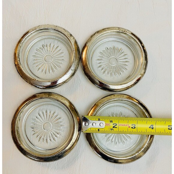 Set of 4 International Silver Co. Silverplate & Glass Coasters 4"  VTG Hong Kong - Picture 4 of 10